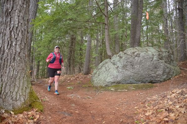 A runner passing the big boulder in the woods